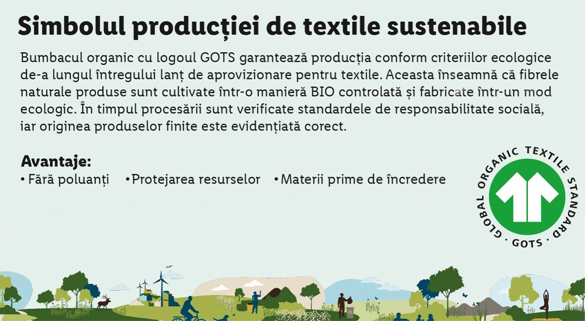 Bumbac organic GOTS, producție textilă sustenabilă.