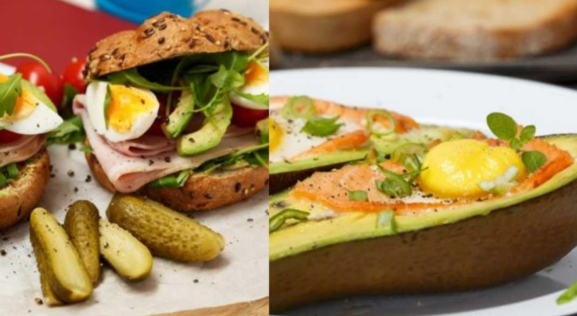 Mâncăruri cu avocado, ouă, somon și șuncă, precum și sandvișuri.