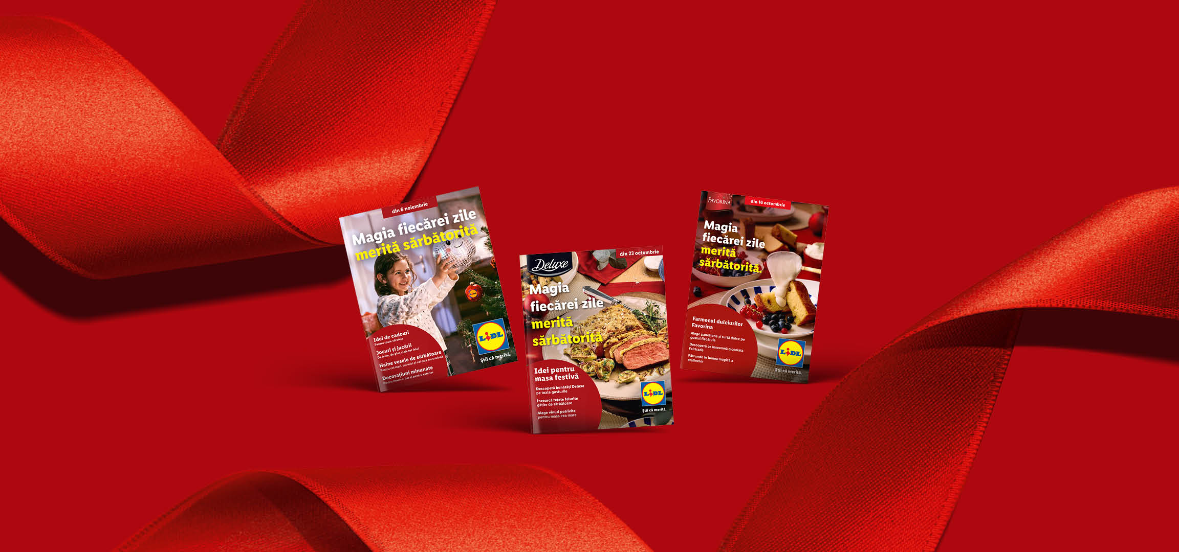 Pliante Lidl cu oferte de sărbători, prezentând idei de cadouri, jocuri, jucării și decorațiuni.