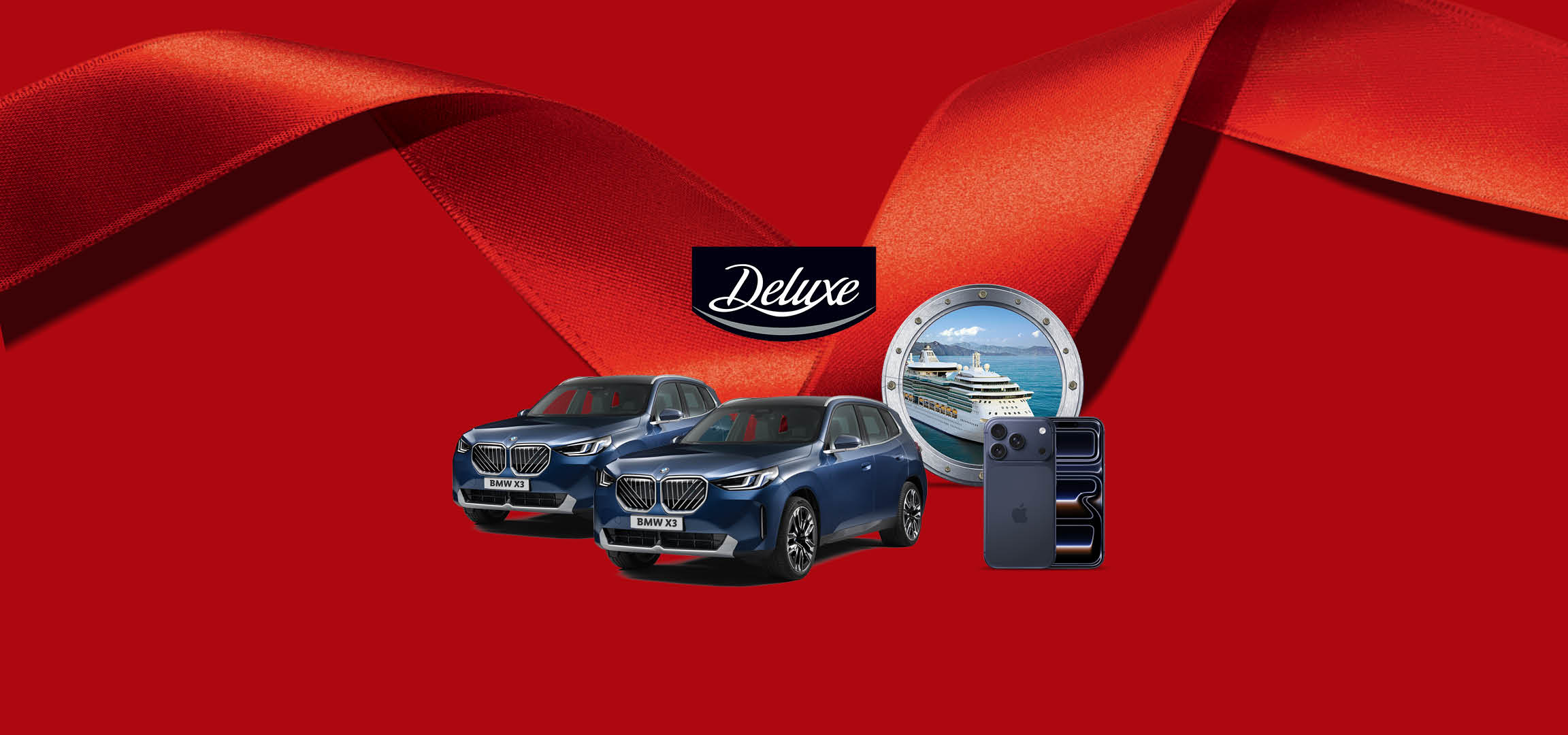 Două mașini BMW X3, o croazieră, un smartphone și un glob de Crăciun pe fundal roșu cu panglici.