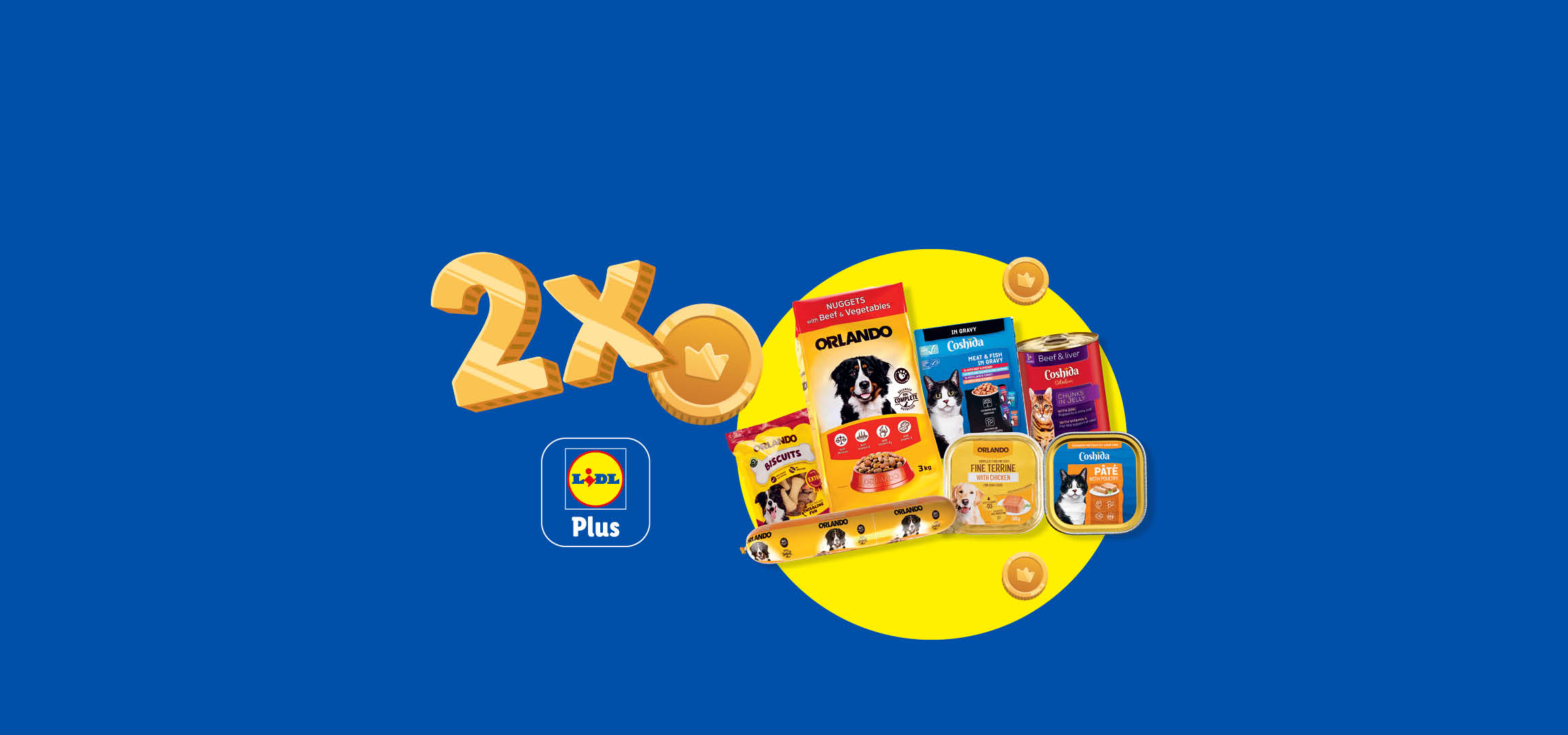 O selecție de hrană pentru animale de companie Orlando și Coshida, cu un logo 2x și Lidl Plus.