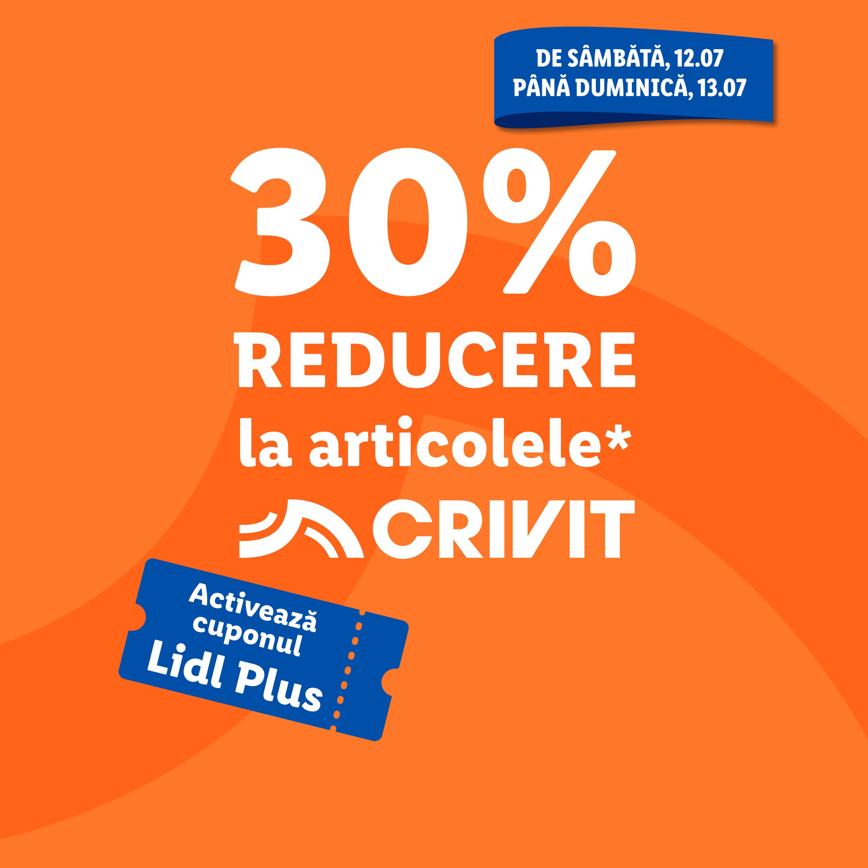 Reducere de 30% la articole Crivit la Lidl, valabilă în weekend.