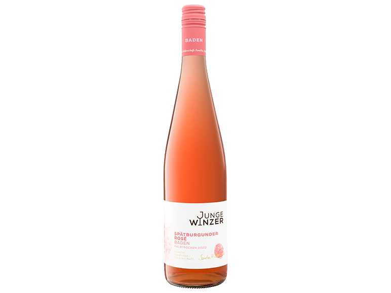 O sticlă de vin Junge Winzer Spätburgunder Rosé cu o etichetă roz.