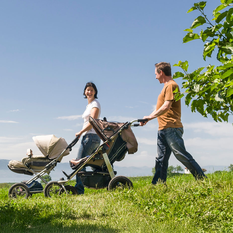 O familie se plimbă printr-o pajiște cu un cărucior.