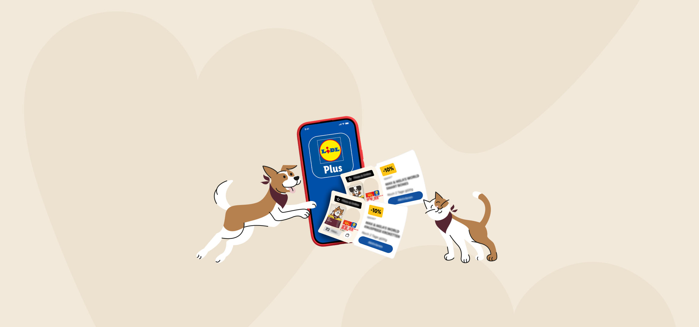 Aplicație cu oferte de hrană pentru animale de companie, înconjurată de o pisică și un câine.