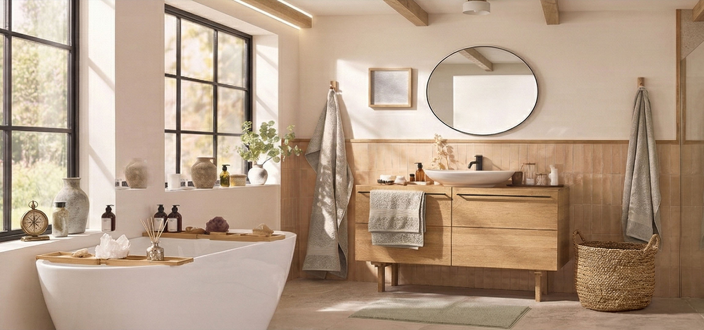 Baie luminoasă cu cadă, duș, mobilier din lemn și decor natural.