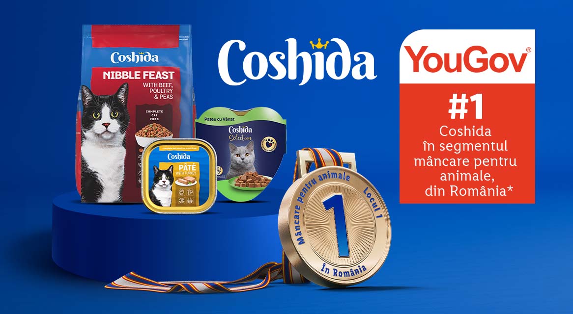 Produse Coshida pentru pisici (hrană uscată și pateu) premiate ca nr. 1 în România de YouGov.