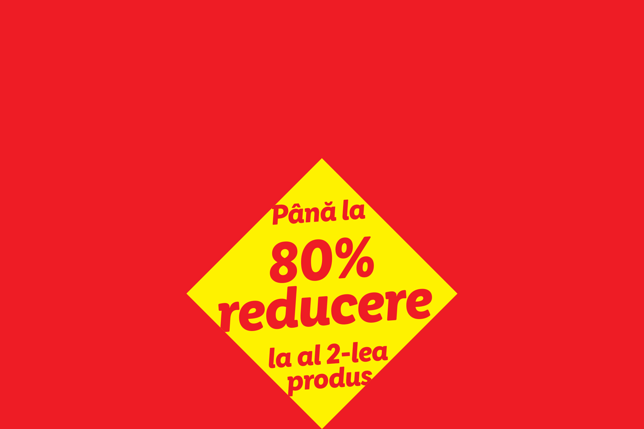 Până la 80% reducere la al 2-lea produs, pe un fundal roșu.