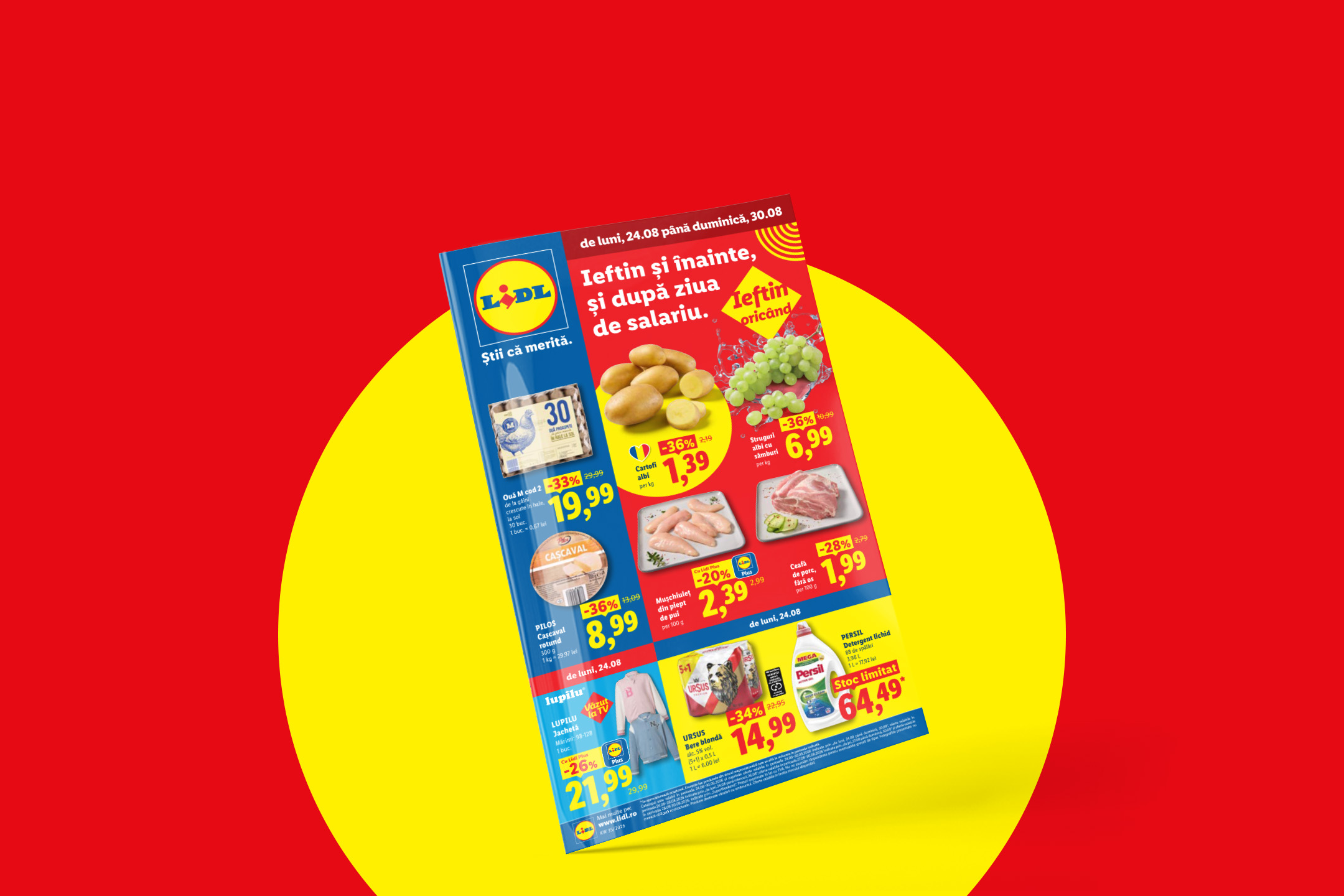Pliant Lidl cu oferte la alimente proaspete, lactate, carne, băuturi și detergenți, valabile între 24 și 30 august.