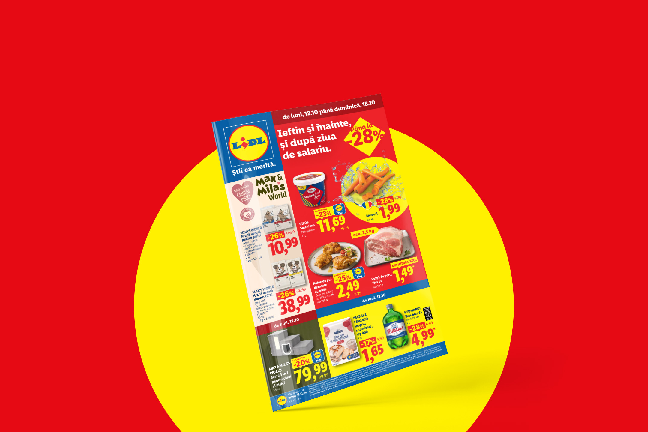 Pliant cu oferte promoționale la alimente și hrană pentru animale de companie.