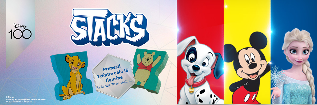 Figurine Disney Stacks: Mickey Mouse, Simba și Elsa.