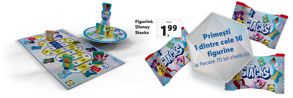 Joc de societate Disney Stacks și figurine în pachete.