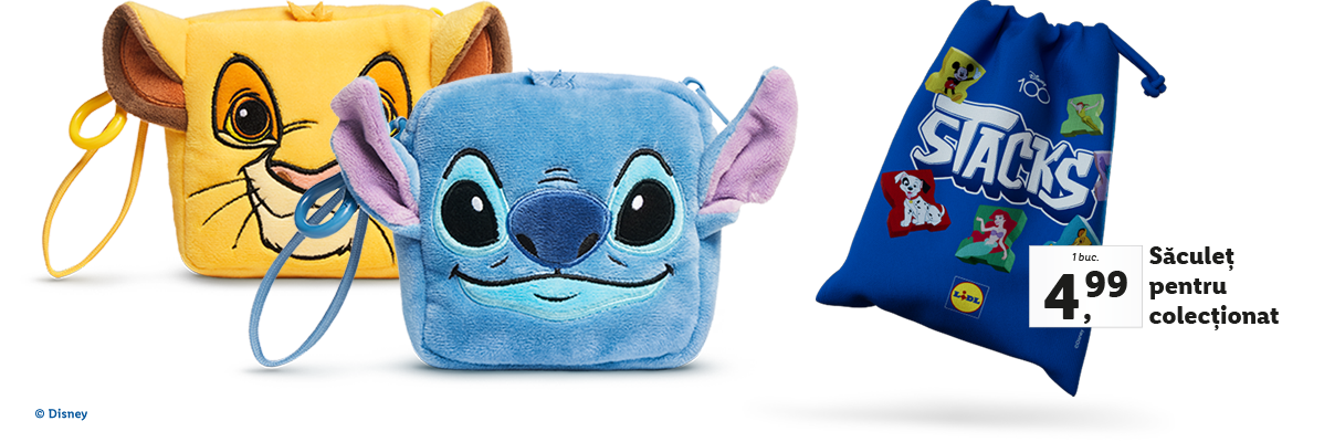 Ghiozdane pluș cu personaje Disney (Simba, Stitch) și pungi Stacks.