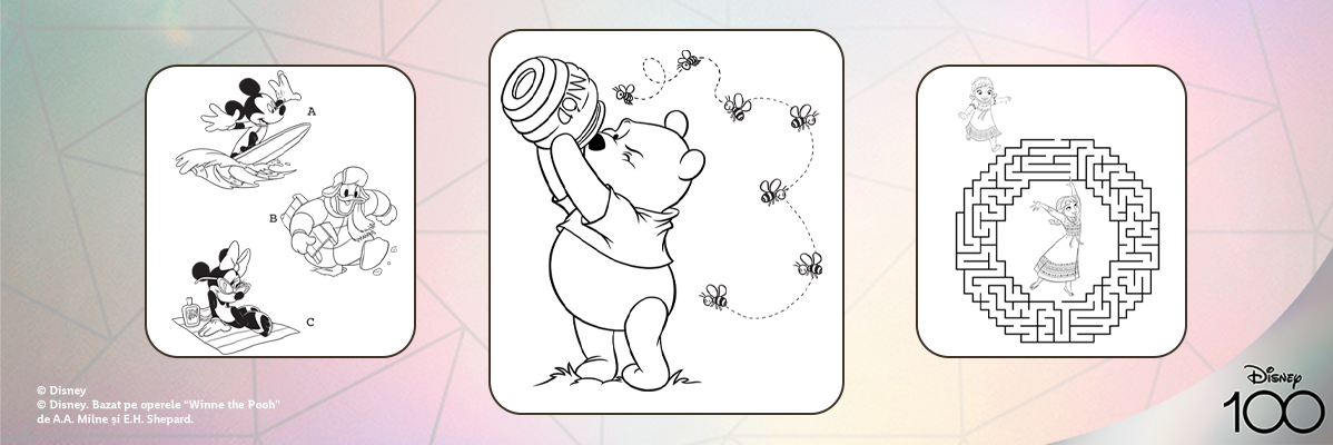 Activități Disney: pagini de colorat cu Mickey Mouse, Winnie the Pooh și Frozen.