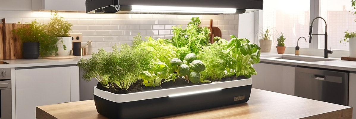 Grădină inteligentă Click & Grow cu busuioc, salată și ierburi în bucătărie.