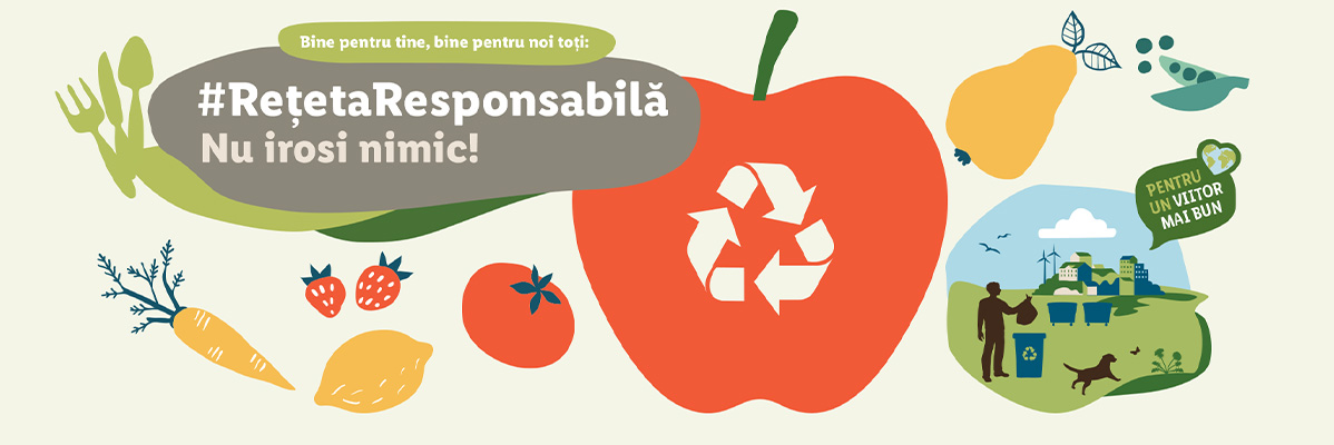 Mere, pere, morcovi și fructe de pădure; ilustrație despre reciclare și reducerea deșeurilor alimentare.