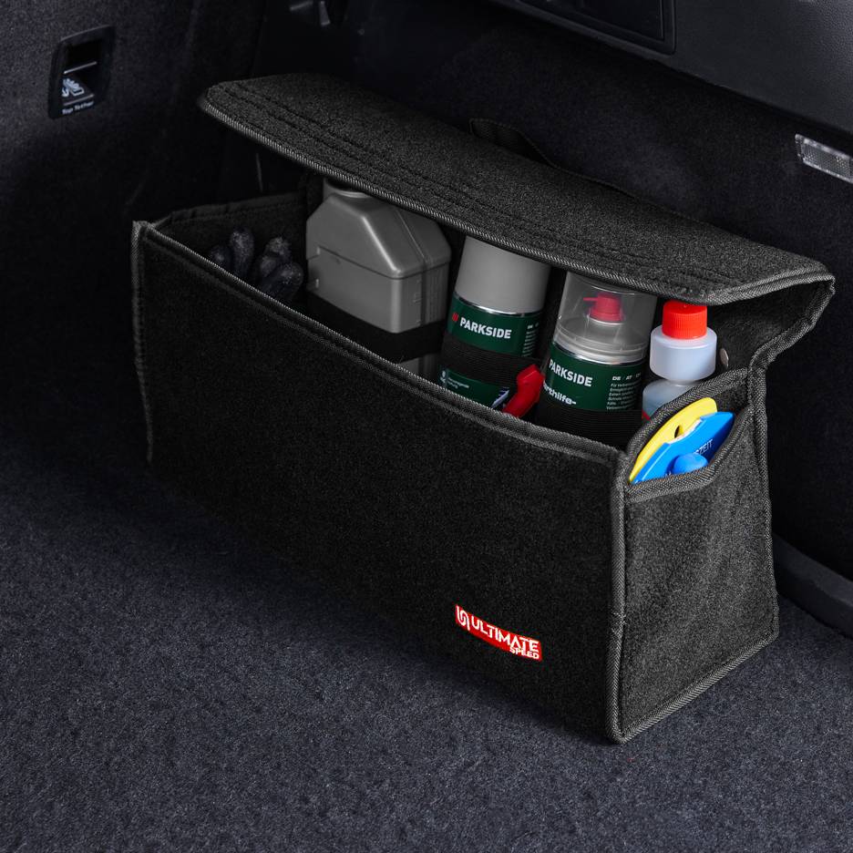 Organizator negru pentru portbagaj cu produse de curățare și accesorii auto