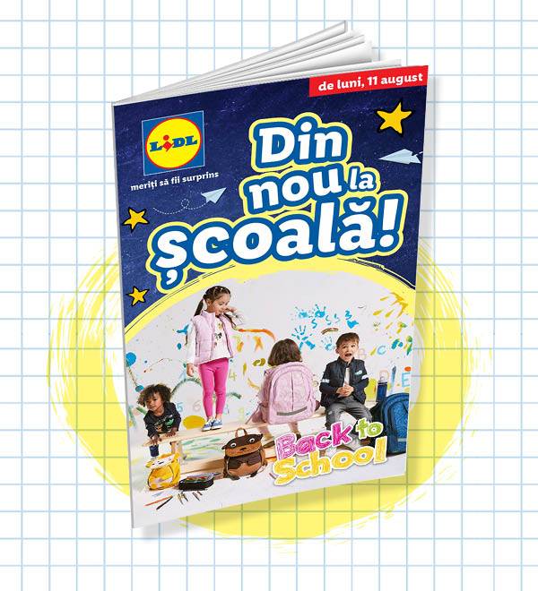 Coperta catalogului „Din nou la școală!” și logo-ul Lidl.