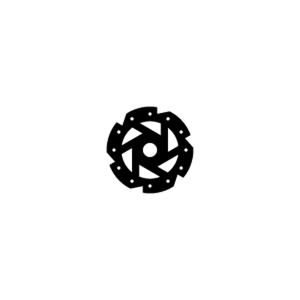 Disc de frână negru, cu design spiralat și găuri, pe un fundal alb.