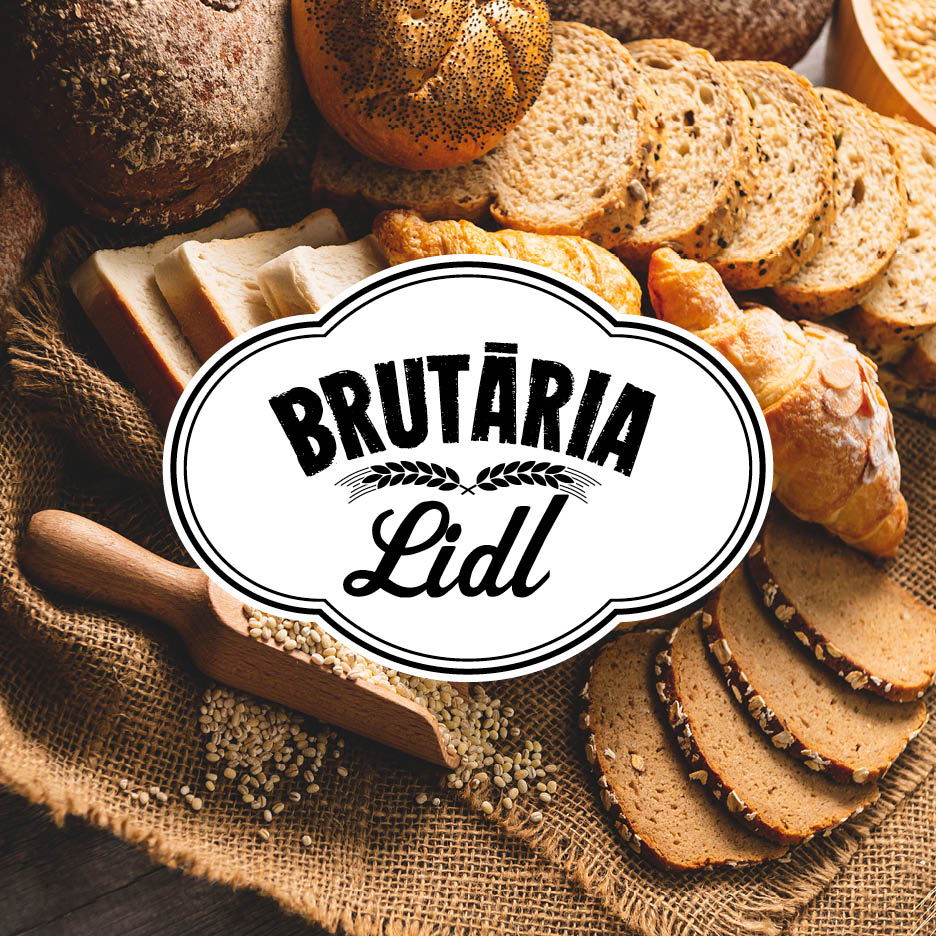 O varietate de pâine și produse de patiserie, inclusiv pâine feliată, chifle și croissante, cu logo-ul 'Brutăria Lidl'.