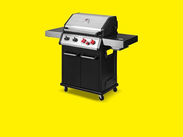 Grătar pe gaz negru și argintiu cu trei arzătoare și dulap de depozitare.