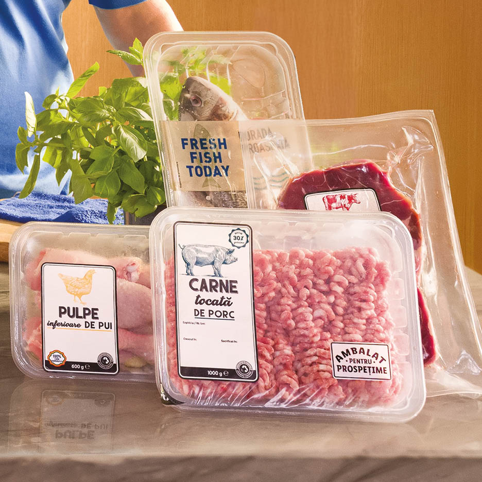 Carne tocată de porc, pulpe de pui și pește ambalate în recipiente de plastic.