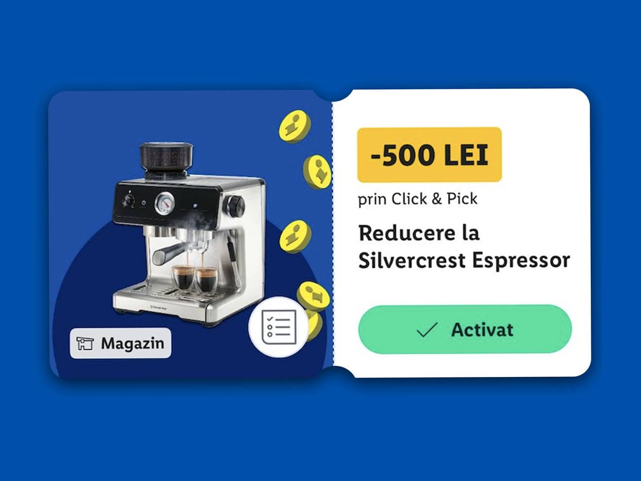 Cupon de reducere de 500 LEI pentru un espressor, cu opțiunea Click & Pick și status activat.