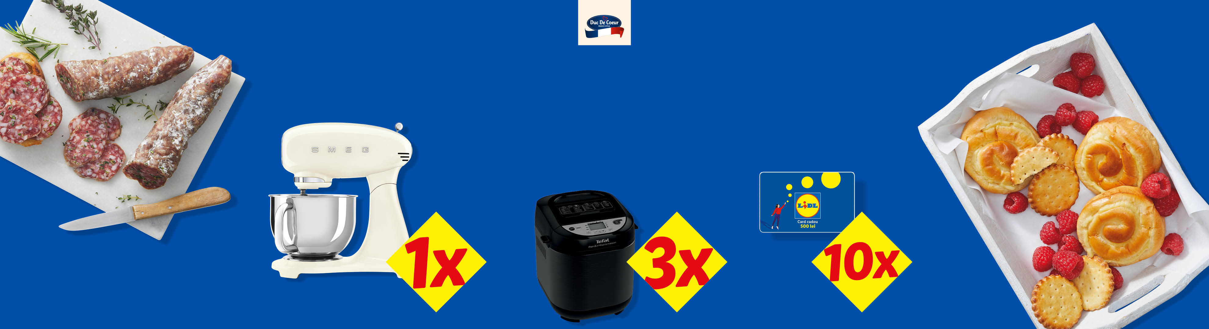 Mezeluri, mixer de bucătărie, mașină de pâine, carduri cadou și produse de patiserie cu zmeură.