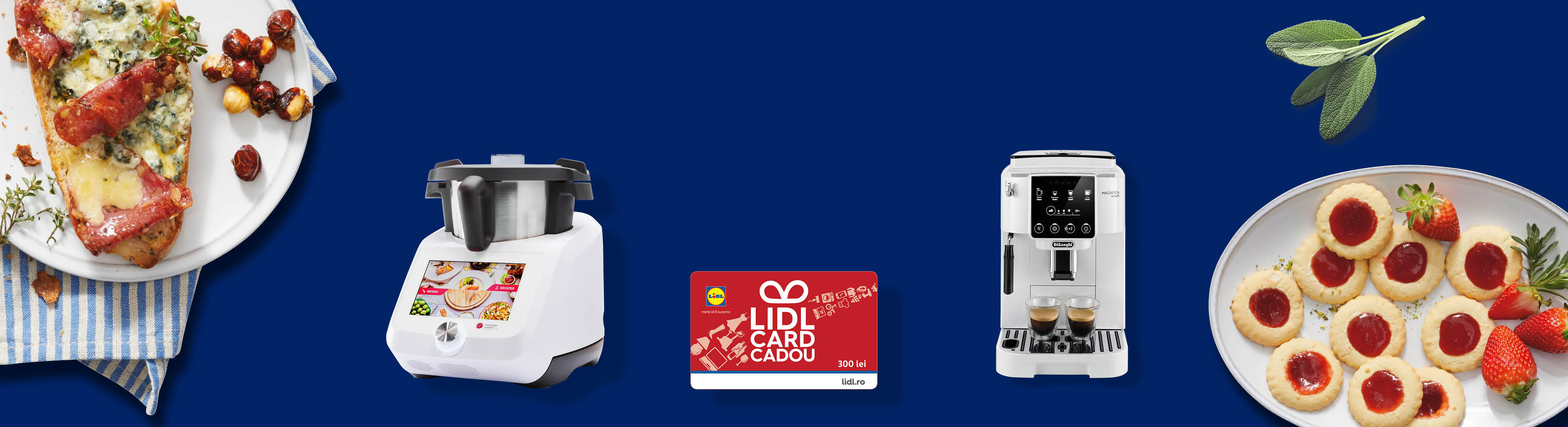 O masă cu bruschete, un robot de bucătărie, un card cadou Lidl, un espressor și prăjituri.