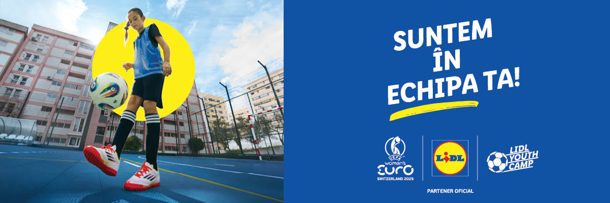 Fată jucând fotbal, Lidl și UEFA Women's Euro 2025.