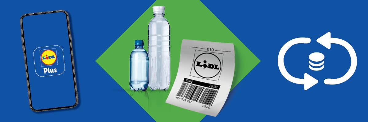Aplicația Lidl Plus, sticle de apă, bon fiscal Lidl și simbol de reciclare.