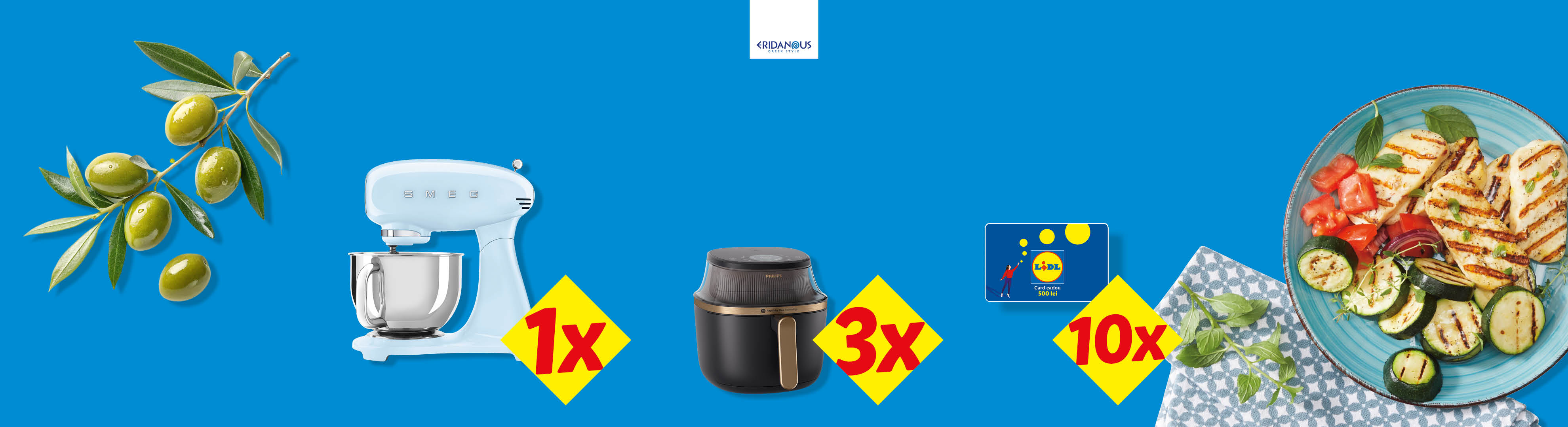 Măsline, mixer, friteuză cu aer cald, carduri cadou și o farfurie cu halloumi la grătar.