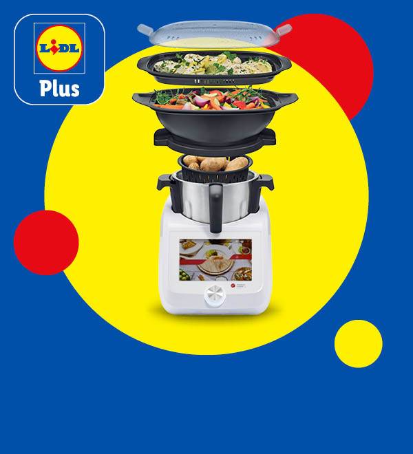 Un robot de bucătărie Monsieur Cuisine smart cu mai multe recipiente stivuite.