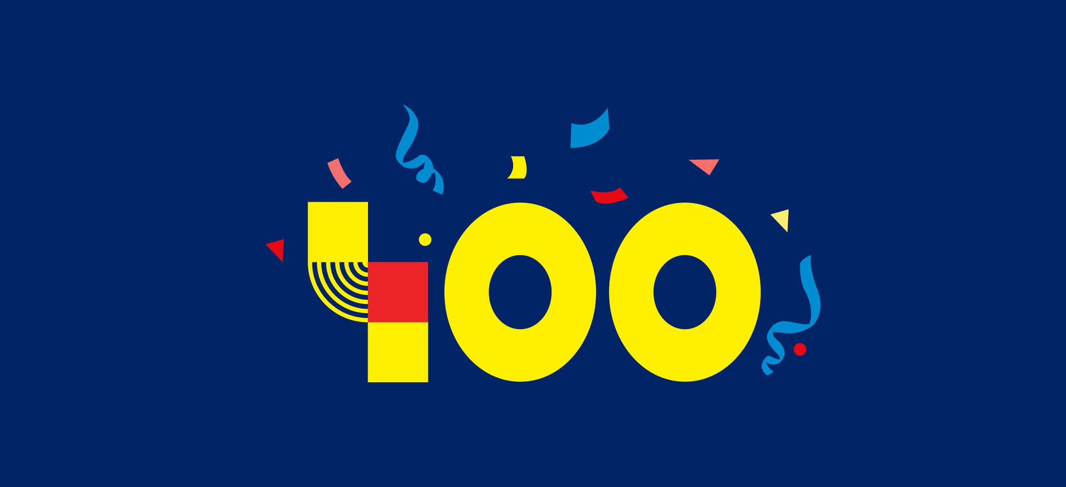 Numărul 100 stilizat cu confetti colorate pe un fundal albastru închis.