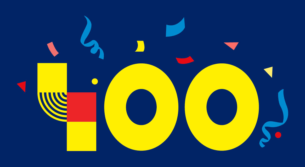 Numărul 100 stilizat cu confetti colorate pe un fundal albastru închis.