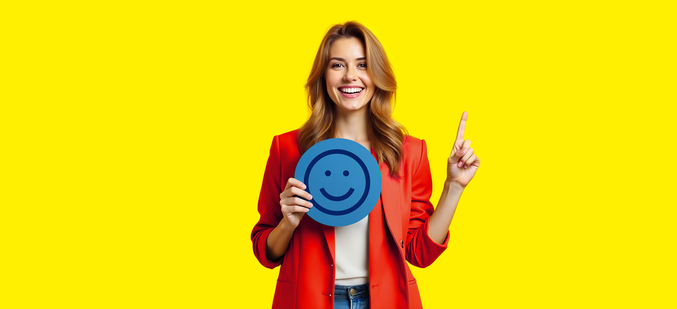 Femeie zâmbitoare într-un sacou roșu, ținând un emoticon albastru și arătând în sus.