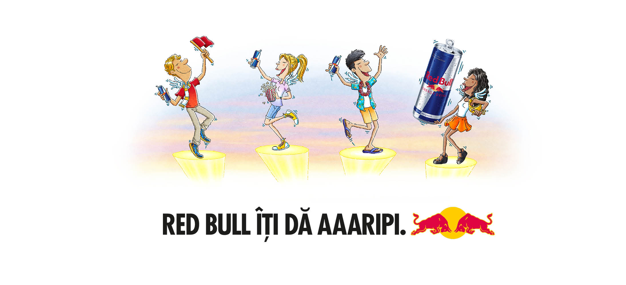 Patru persoane animate, cu aripi, sărbătoresc cu băuturi energizante, pe fundalul unui apus de soare.