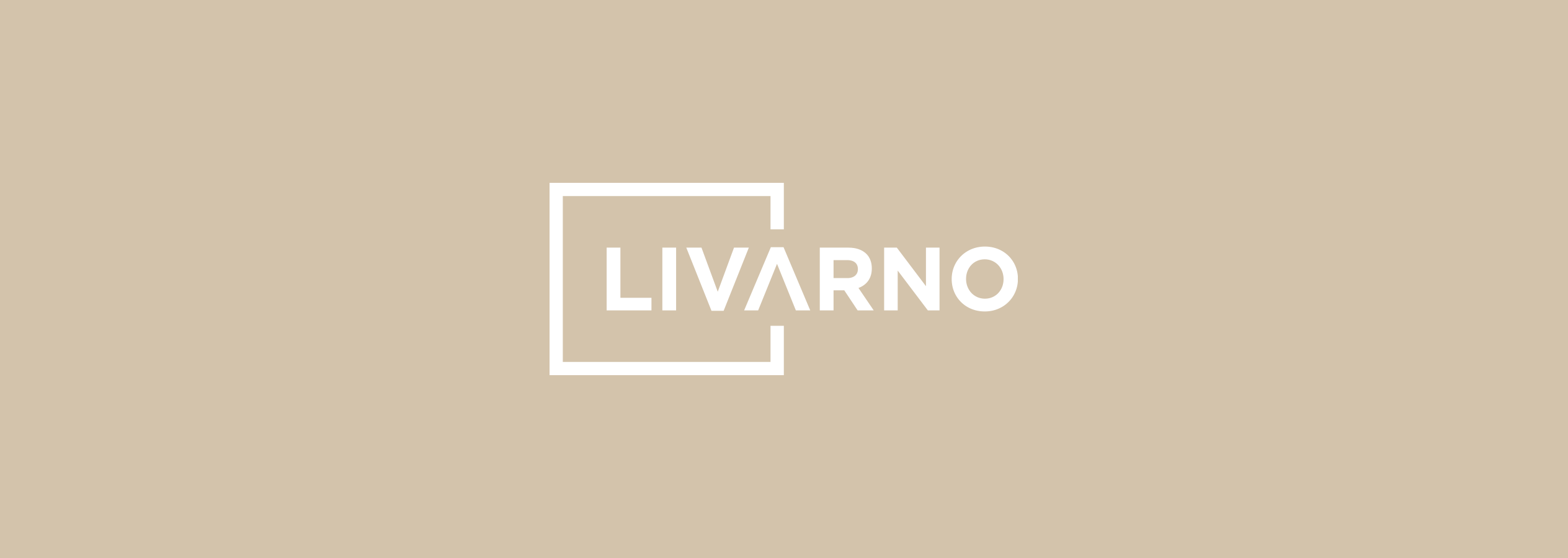 Logo cu textul „LIVARNO” în alb, încadrat parțial de un pătrat alb, pe un fundal bej.