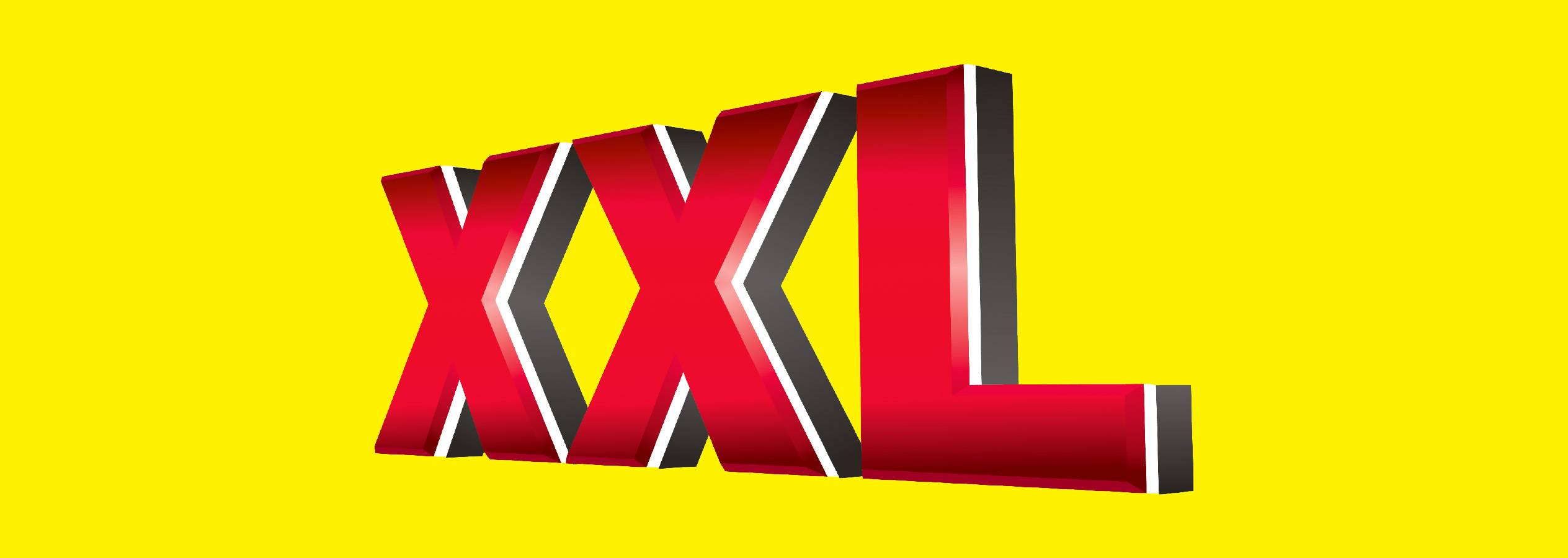 XXL - logo tridimensional roșu și negru pe fundal galben.