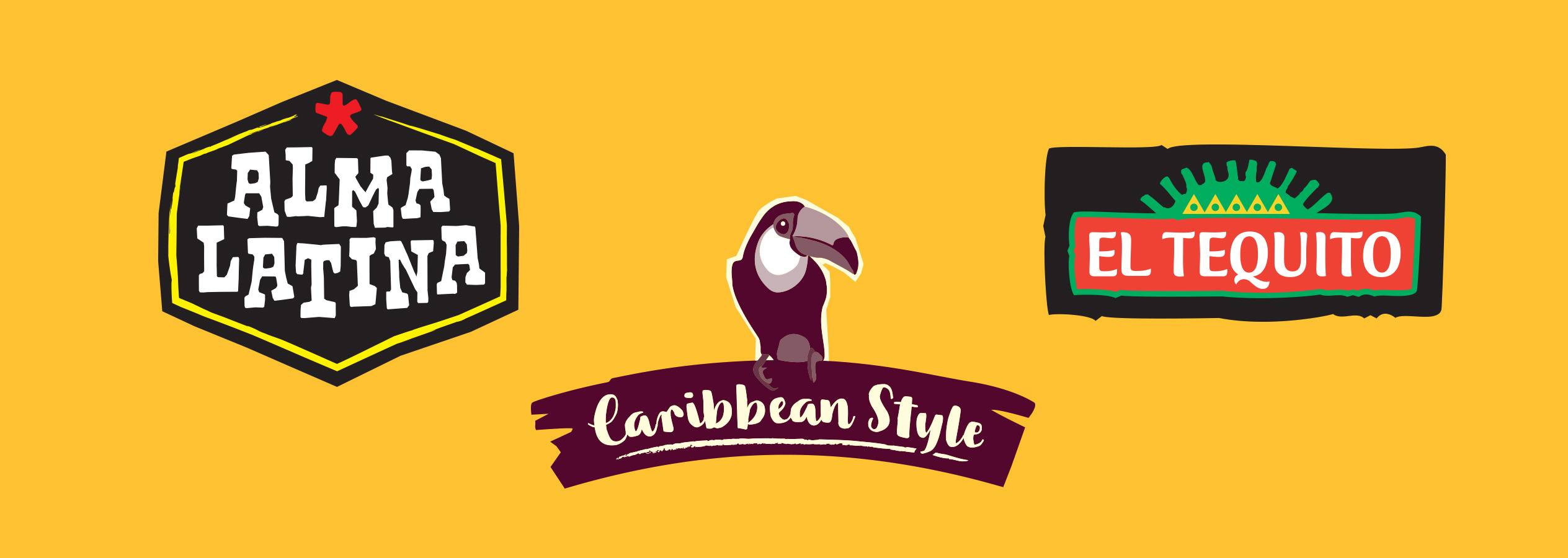 Trei logo-uri: Alma Latina, Caribbean Style cu un tucan și El Tequito.