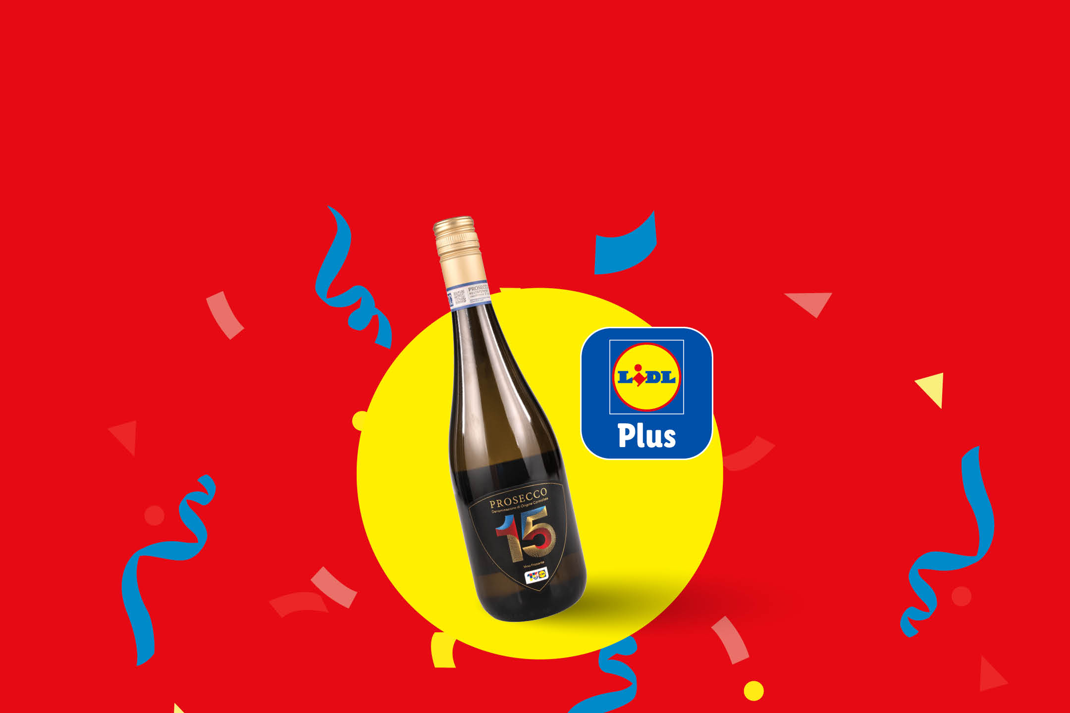 O sticlă de vin spumant pe un fundal festiv roșu cu confetti.