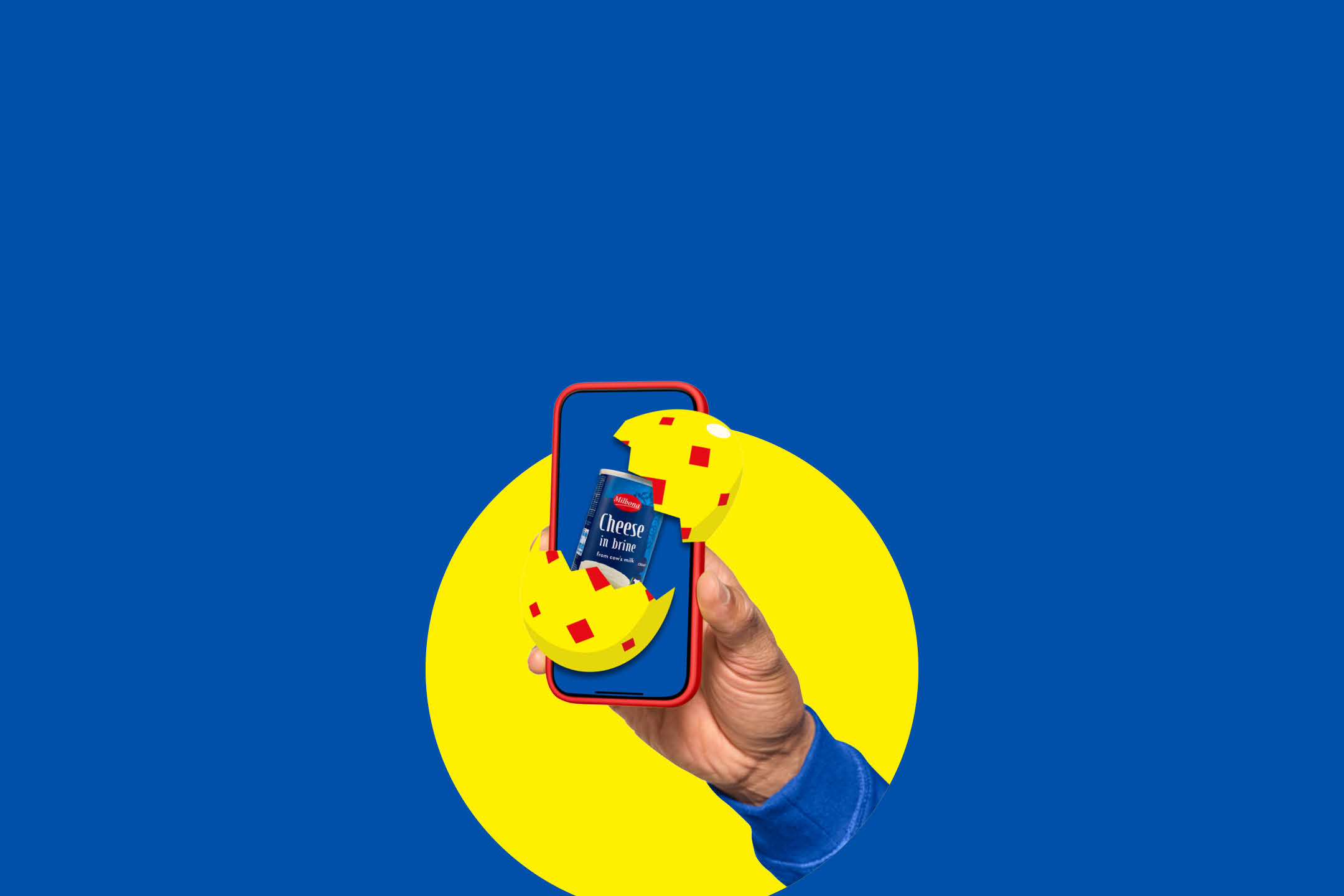 Un telefon mobil cu un ou de Paște spart, dezvăluind o cutie de brânză în saramură.