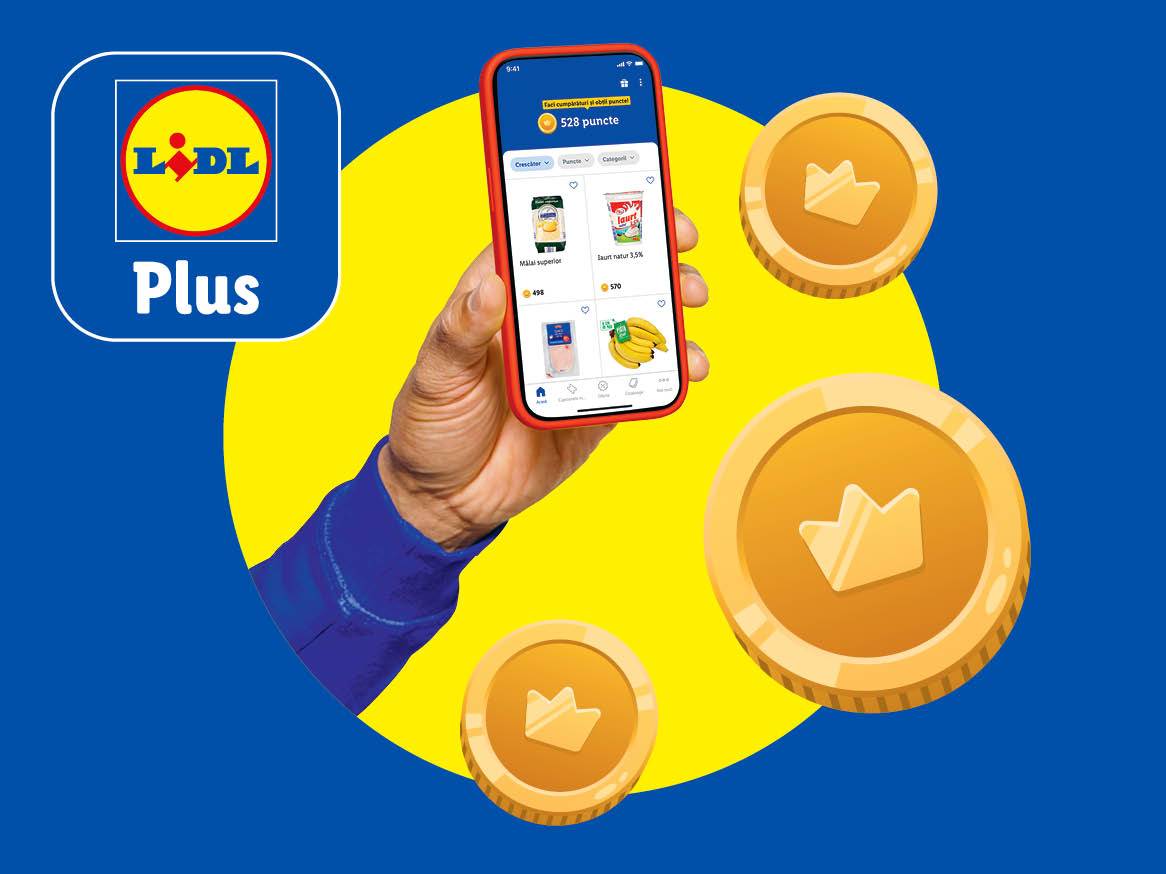 Aplicația Lidl Plus pe un smartphone, afișând puncte de loialitate și produse precum mălai, iaurt și banane, cu monede aurii în fundal.
