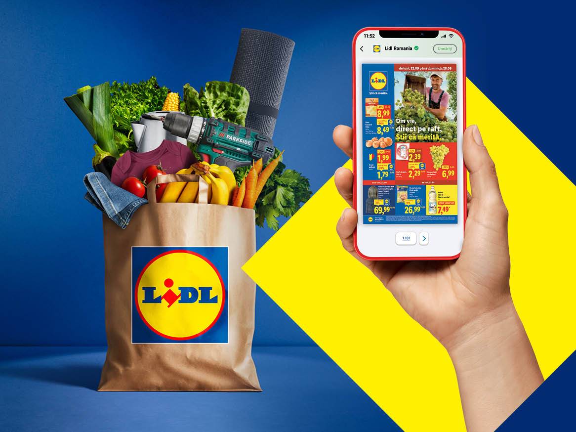 O pungă de cumpărături plină cu alimente și unelte, alături de un telefon care afișează o broșură digitală cu oferte.