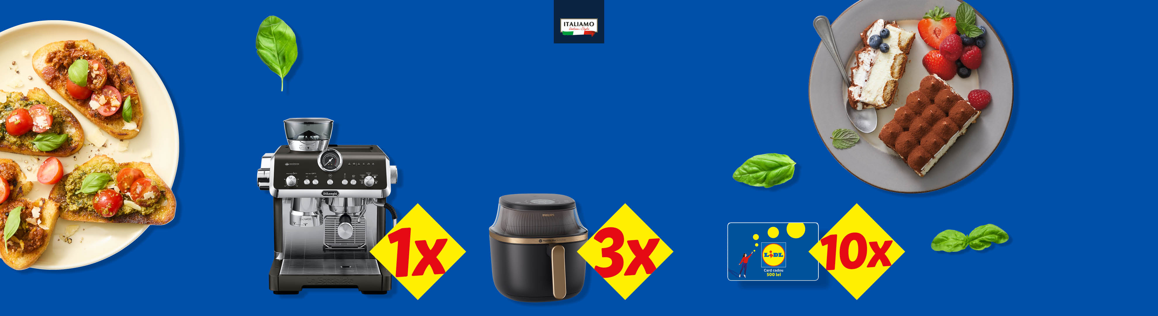 Aparat de cafea De'Longhi, friteuză cu aer cald Philips, carduri cadou Lidl și mâncare italiană.