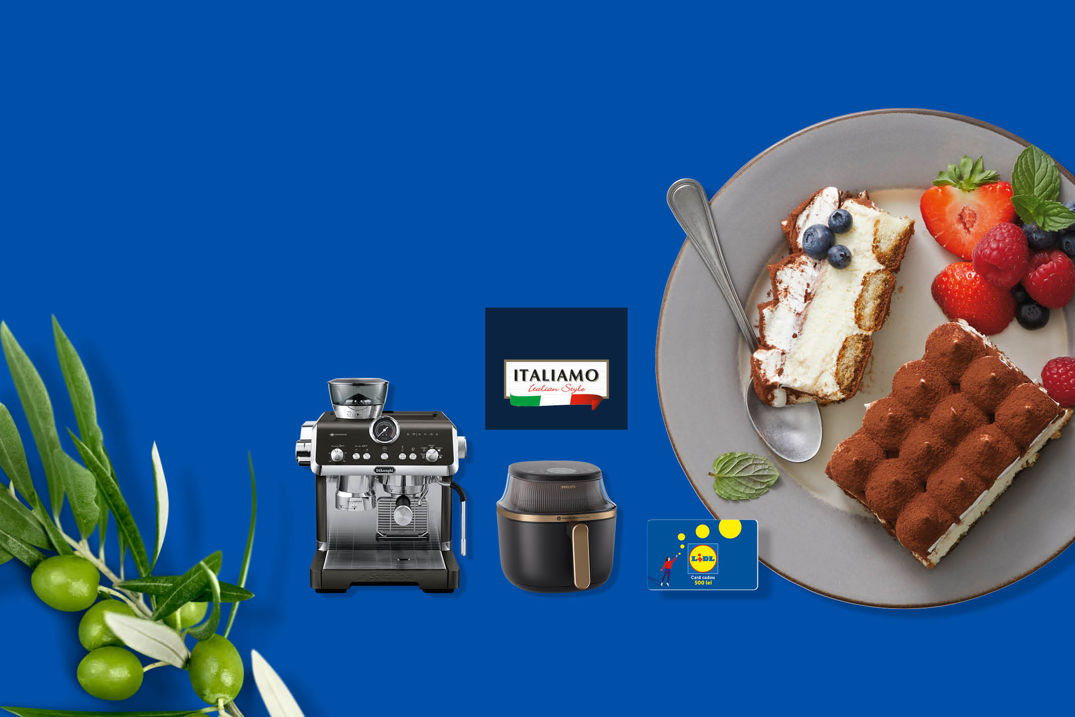 Tiramisu, fructe de pădure, aparat de cafea De'Longhi, friteuză Philips, card cadou Lidl și măsline pe fundal albastru.