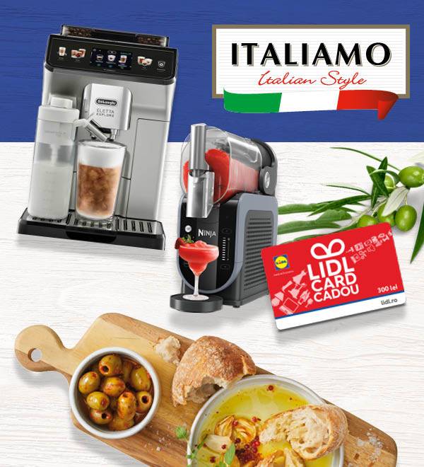Aparat de cafea De'Longhi, blender Ninja, card cadou Lidl și mâncare italiană.