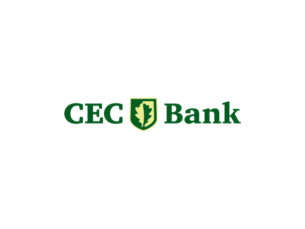 Logoul CEC Bank, cu textul 'CEC Bank' și un scut cu o frunză de stejar.