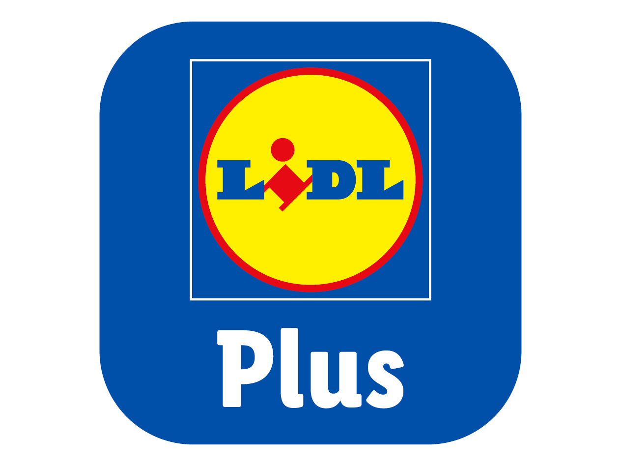 Sigla aplicației mobile a magazinului, cu un fundal albastru și textul 'Plus' dedesubt.