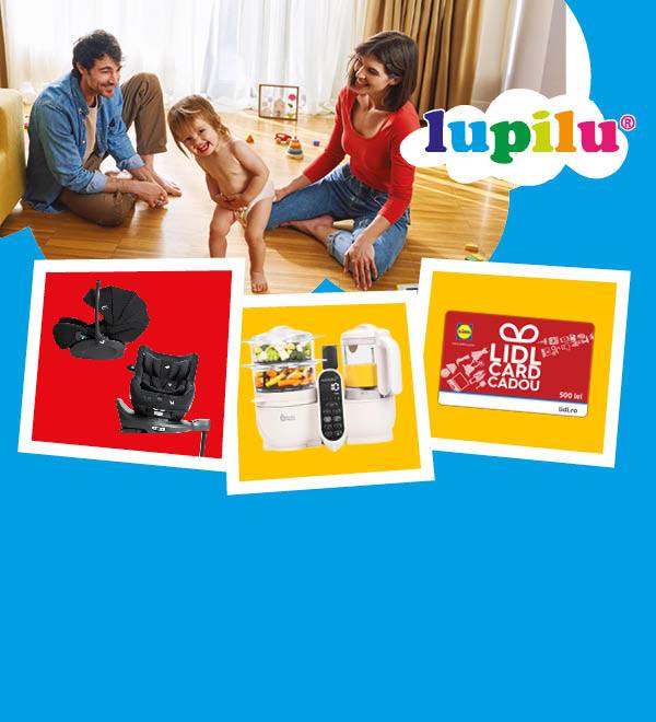 Produse Lupilu pentru bebeluși: cărucior, scaun auto, blender și card cadou Lidl.